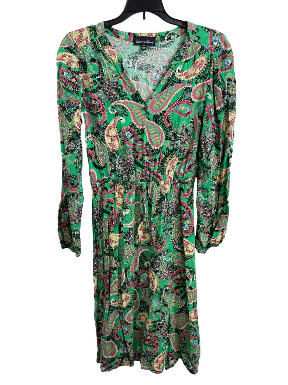 Alison Andrews Dress Small Green Paisley Rayon Boho Elastic Drawstring Fall